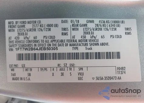 2018 Ford F-250 Lariat z USA, uszkodzony, nr VIN 1FT7W2B64JEB50305